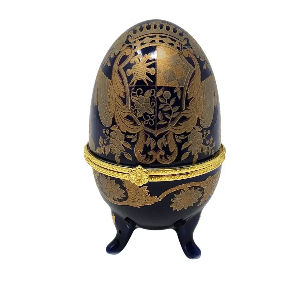 Vintage Cobalt Blue Gold Porcelain Decorative Trinket Faberge Egg Jewelry Box